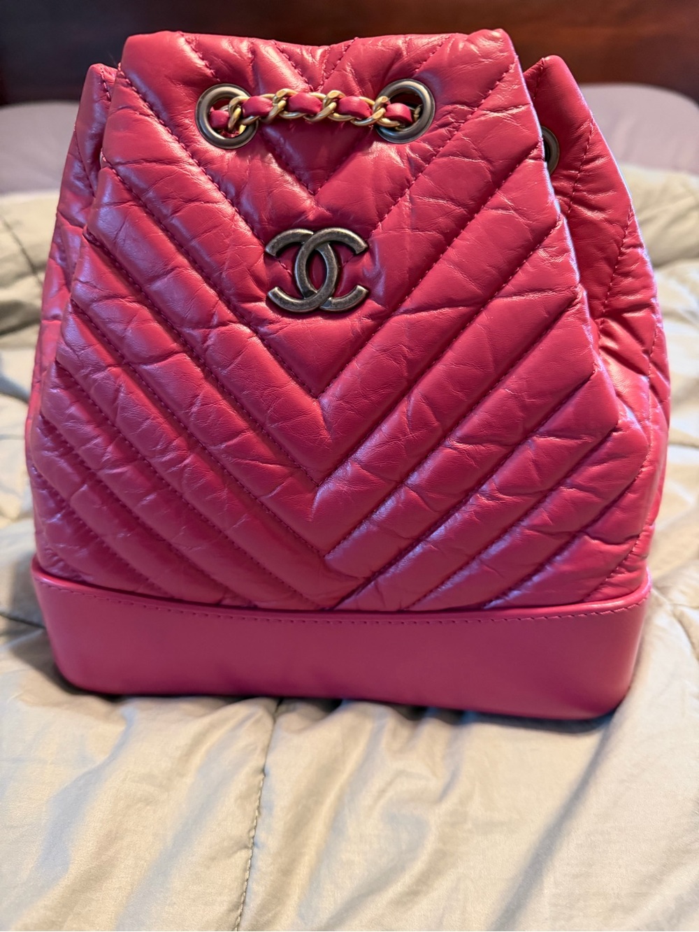 CHANEL Fuchsia Quilted Chevron Gabrielle Drawstring Backpack